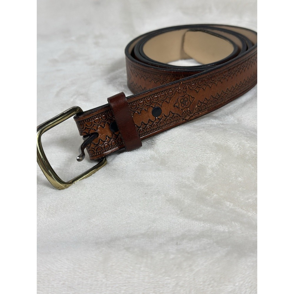Y2K VTG Western Brown Tooled Genuine Leather Belt Gold Tone Buckle Size 46